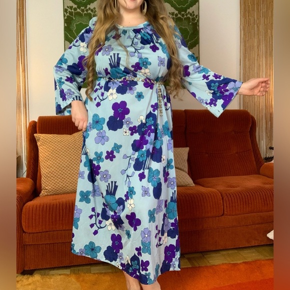 70s True Vintage Flower Power Plus Size Hippie Night Dress - Picture 5 of 5